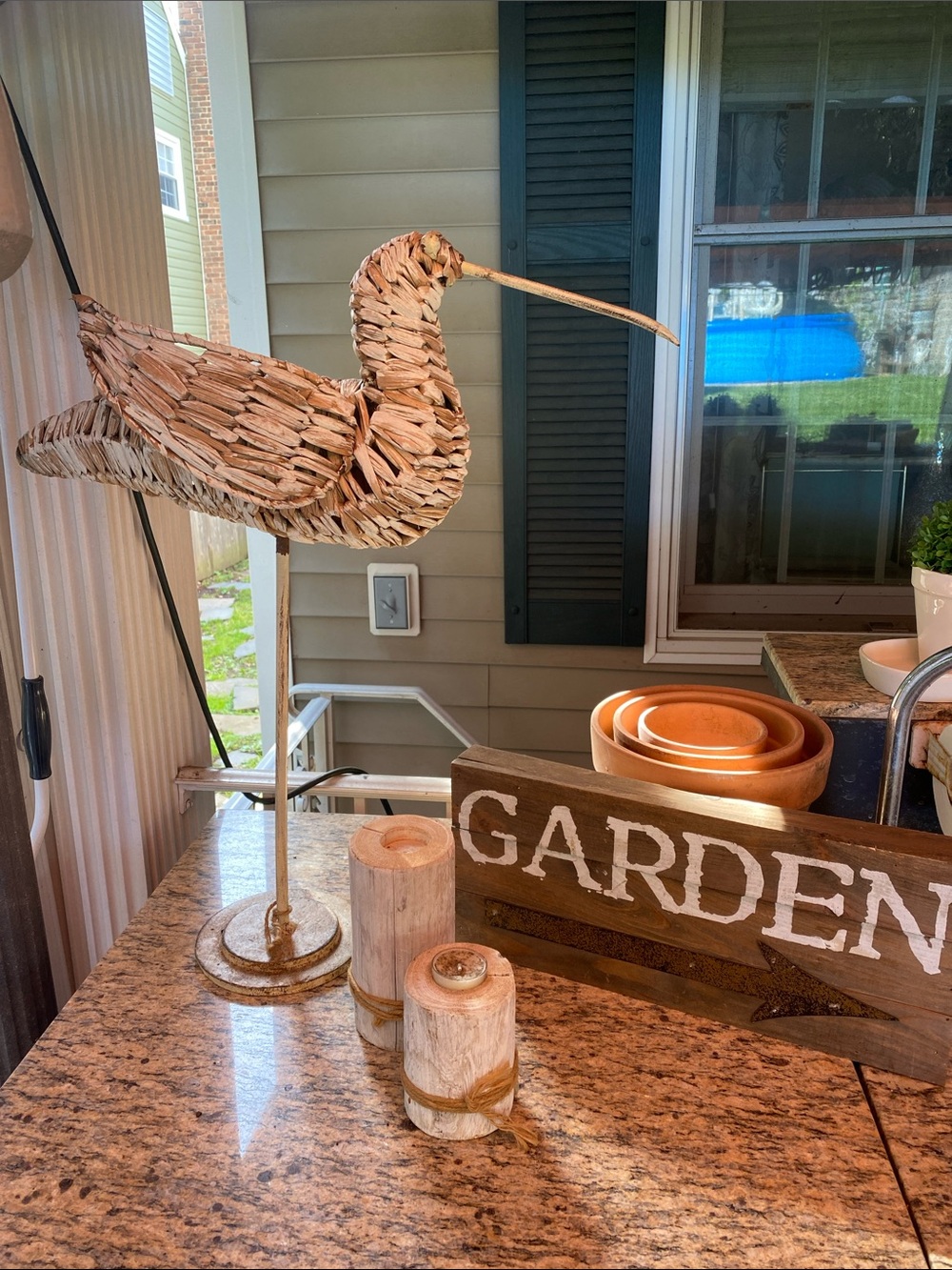 Woven Rattan Bird Sculpture on Stand - Natural Tones